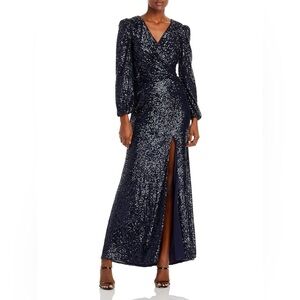 Aqua Formal Front Slit Sequin Evening Dress V-Neck Puff Sleeve Navy Blue NWT